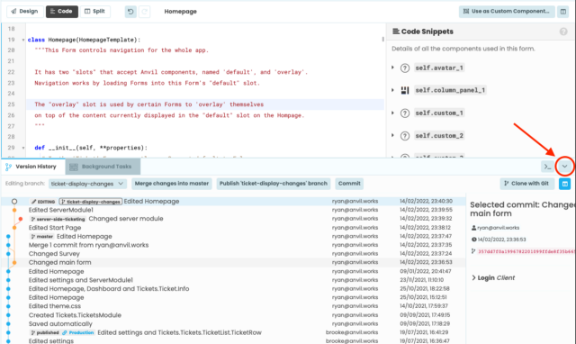 Screenshot of Anvil's version control panel